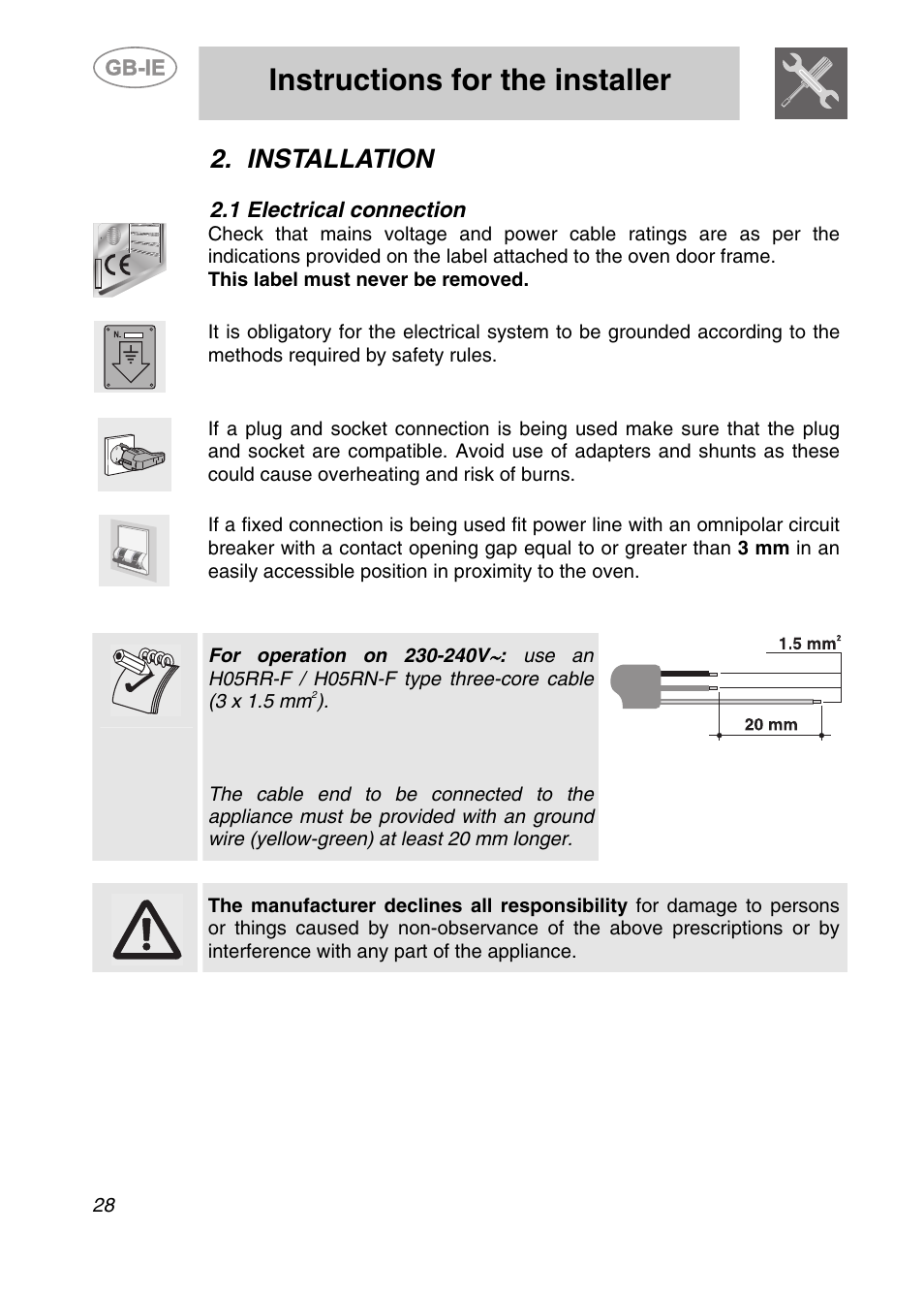 Installation, 1 electrical connection, Instructions for the installer | Smeg S20XMF User Manual | Page 4 / 22