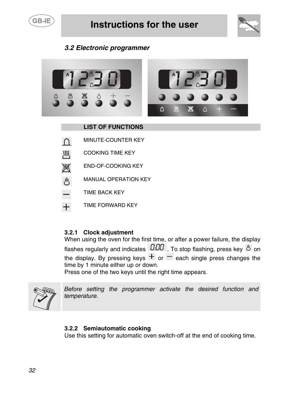 2 electronic programmer, 1 clock adjustment, 2 semiautomatic cooking | Instructions for the user | Smeg S20XMF User Manual | Page 8 / 22