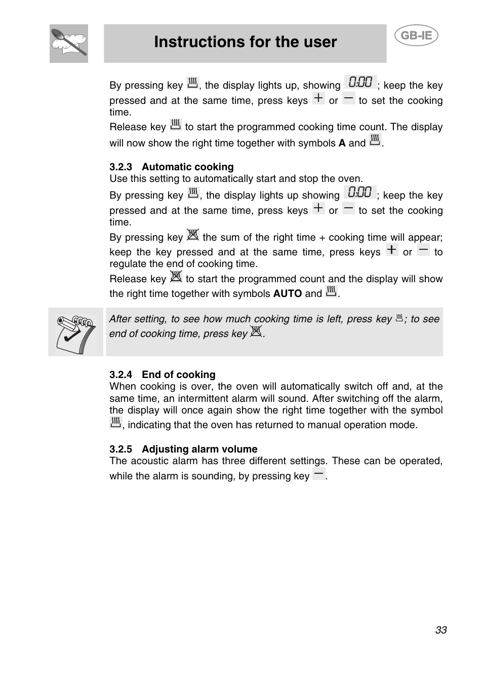 3 automatic cooking, 4 end of cooking, 5 adjusting alarm volume | Instructions for the user | Smeg S20XMF User Manual | Page 9 / 22