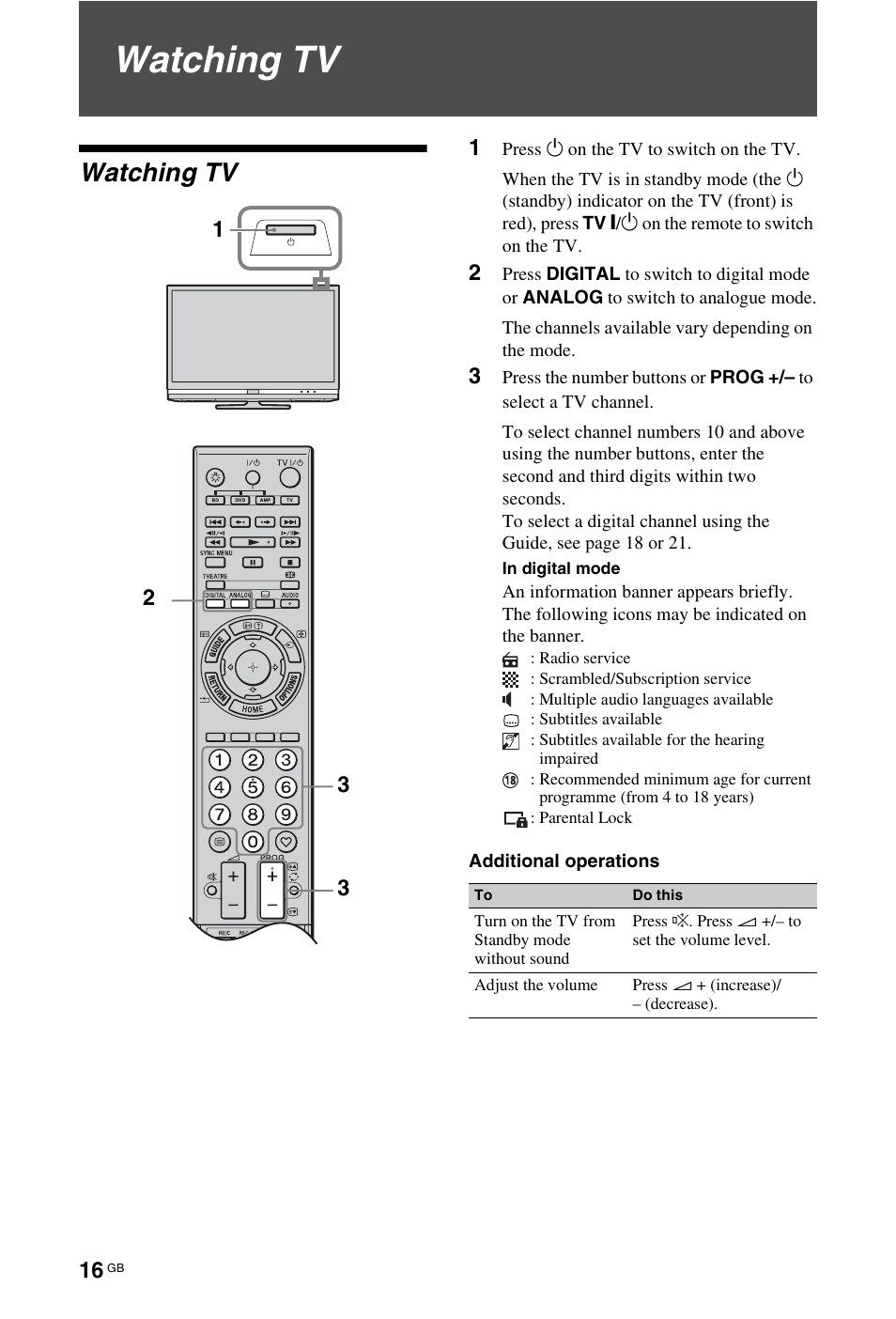 Watching tv | Sony KDL-40 Z4500 User Manual | Page 16 / 195