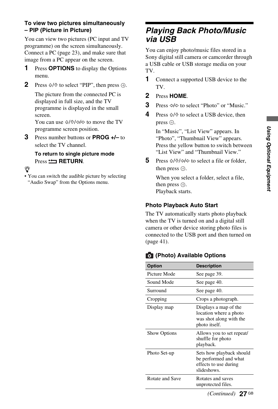 Playing back photo/music via usb | Sony KDL-40 Z4500 User Manual | Page 27 / 195