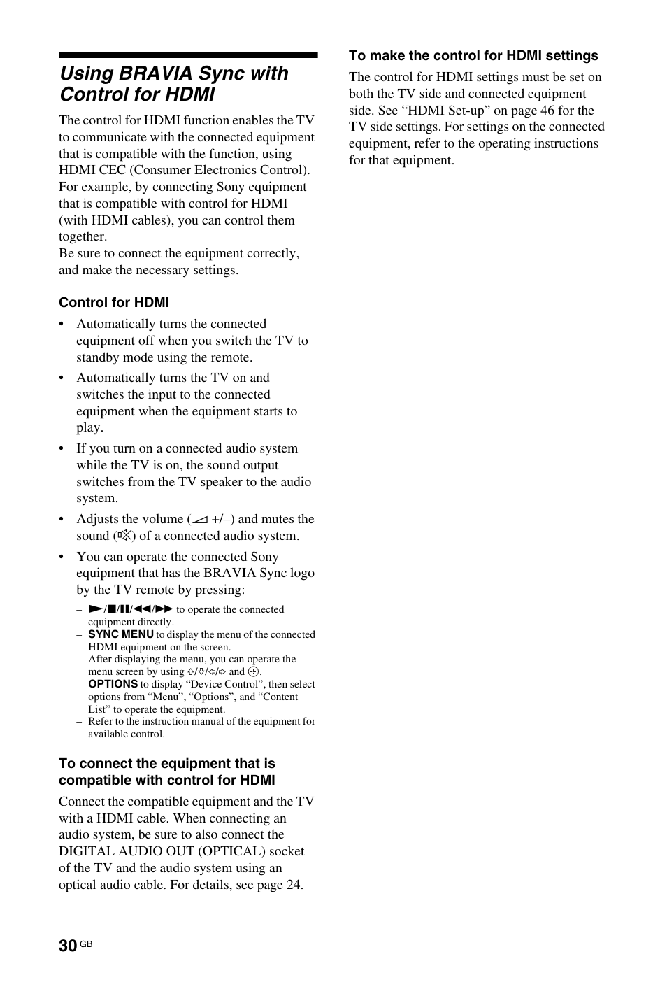 Using bravia sync with control for hdmi | Sony KDL-40 Z4500 User Manual | Page 30 / 195