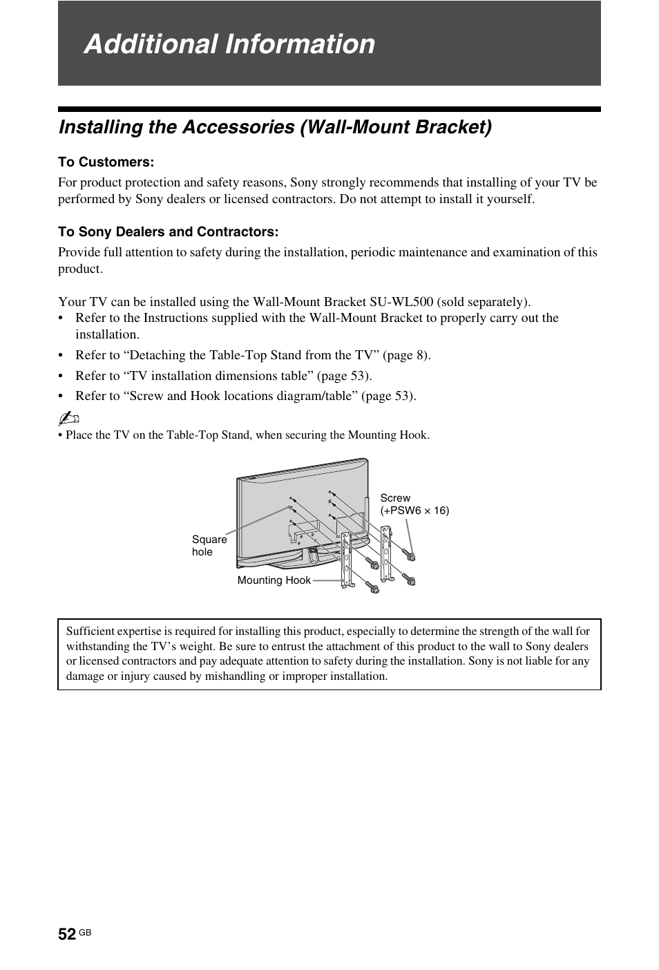 Additional information, Installing the accessories (wall-mount bracket) | Sony KDL-40 Z4500 User Manual | Page 52 / 195