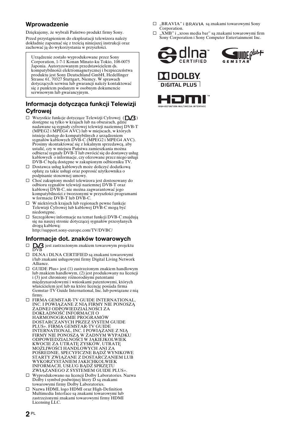 Wprowadzenie, Informacja dotycząca funkcji telewizji cyfrowej, Informacje dot. znaków towarowych | Sony KDL-40 Z4500 User Manual | Page 60 / 195