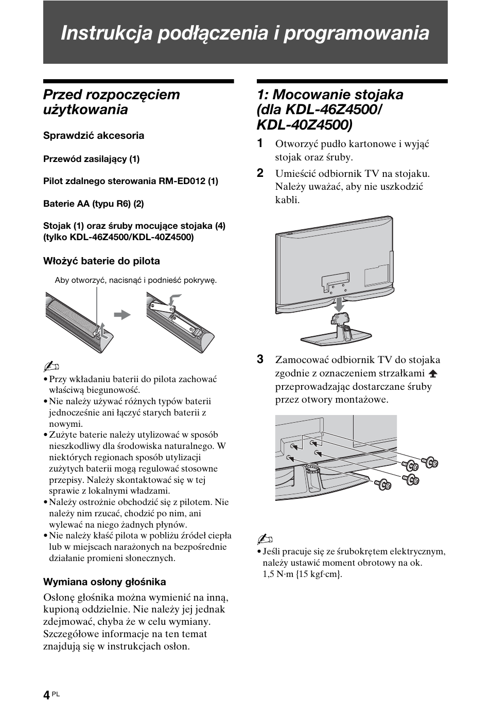 Instrukcja podłączenia i programowania, Przed rozpoczęciem użytkowania | Sony KDL-40 Z4500 User Manual | Page 62 / 195