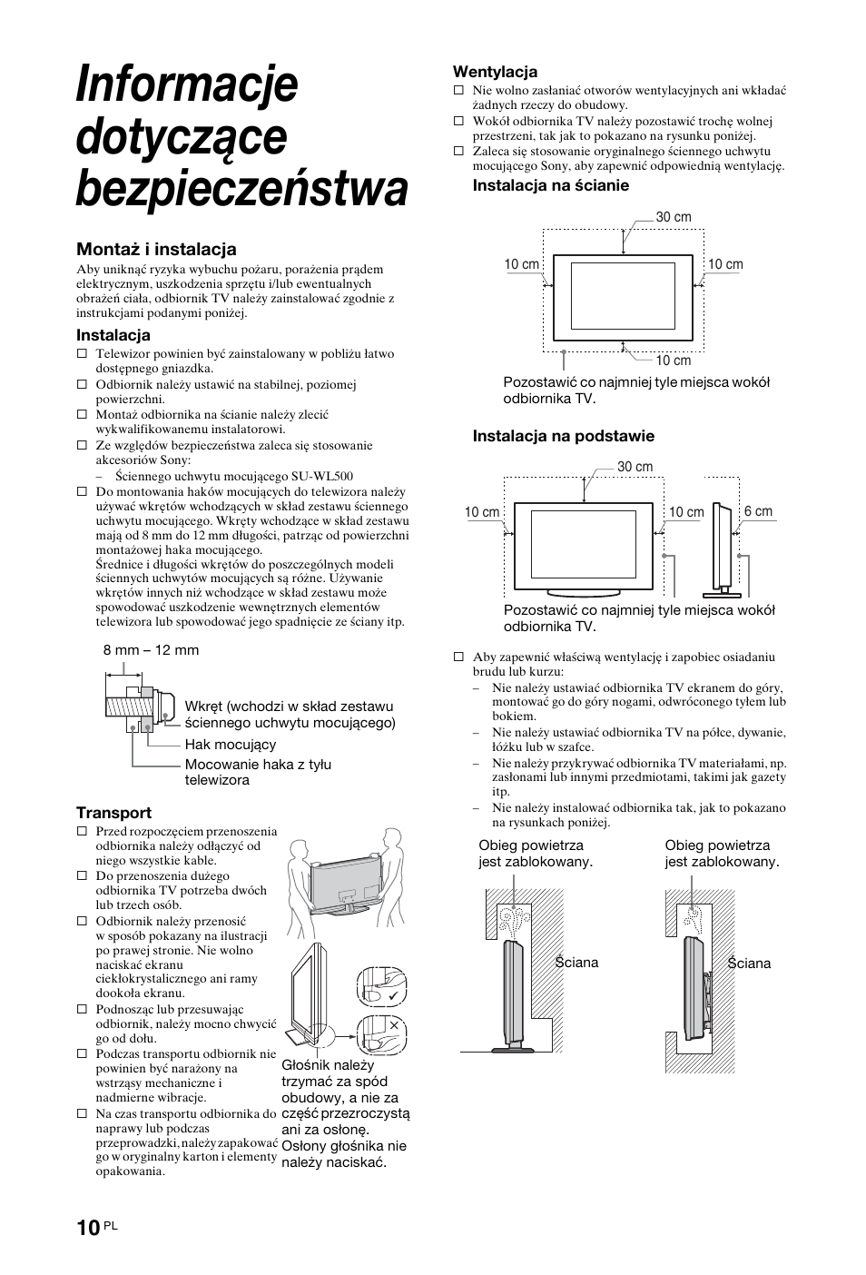 Informacje dotyczące bezpieczeństwa, Montaż i instalacja | Sony KDL-40 Z4500 User Manual | Page 68 / 195