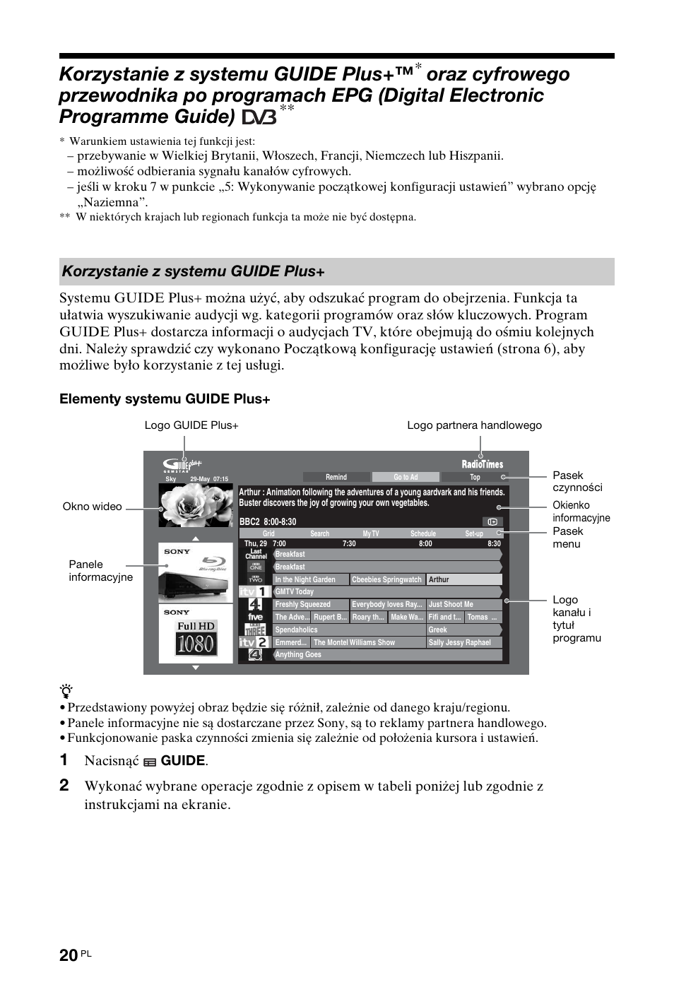 Digital electronic programme guide), Strony 20, Korzystanie z systemu guide plus | Nacisnąć guide | Sony KDL-40 Z4500 User Manual | Page 78 / 195