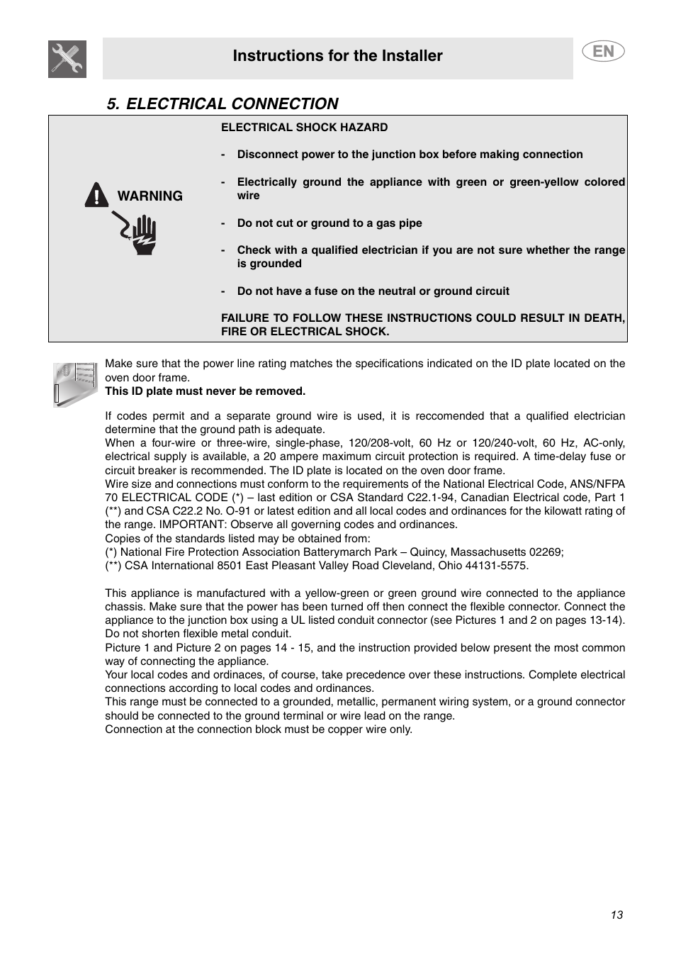 Electrical connection, Instructions for the installer | Smeg A1AU6 User Manual | Page 11 / 15