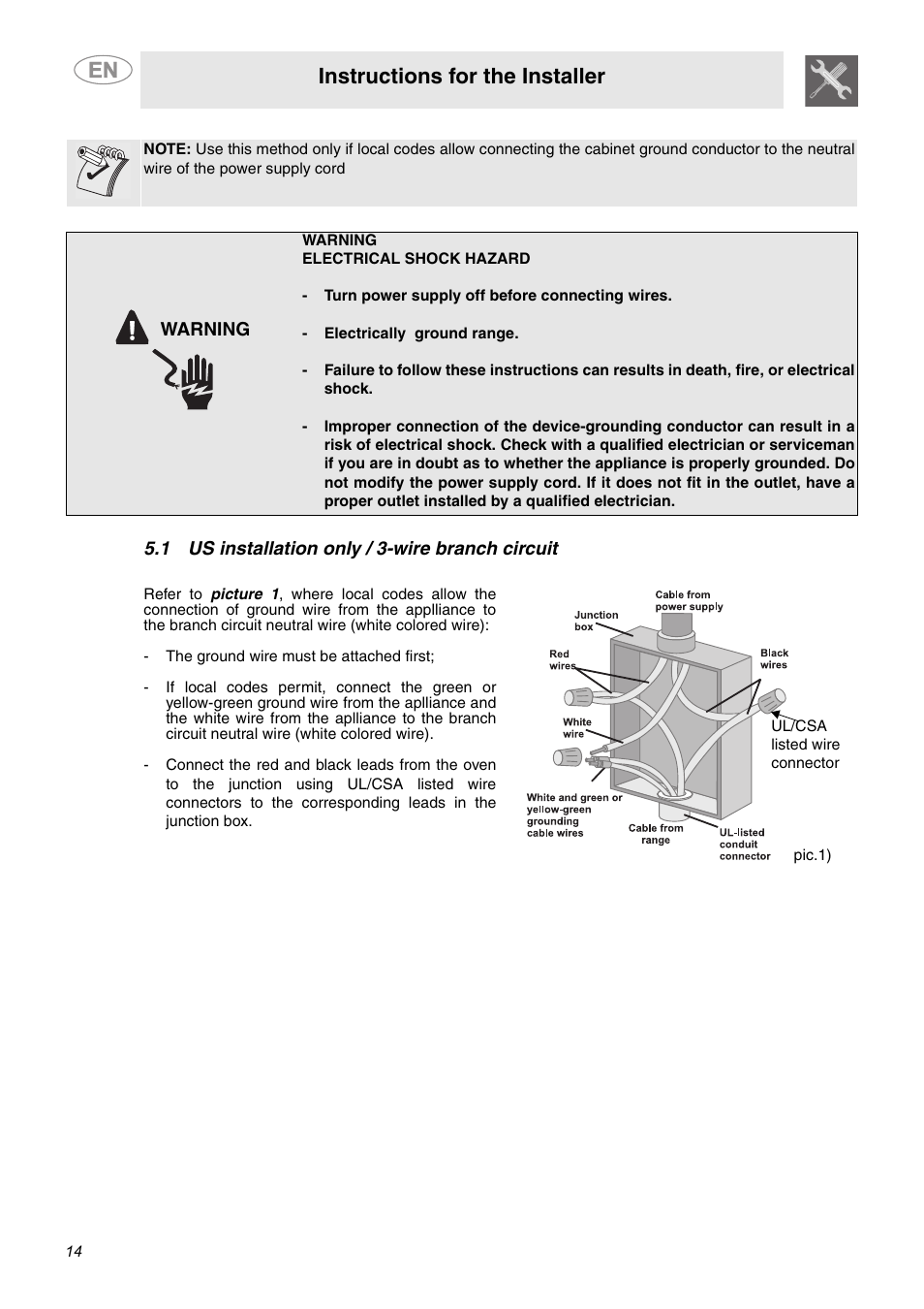 1 us installation only / 3-wire branch circuit, Instructions for the installer | Smeg A1AU6 User Manual | Page 12 / 15
