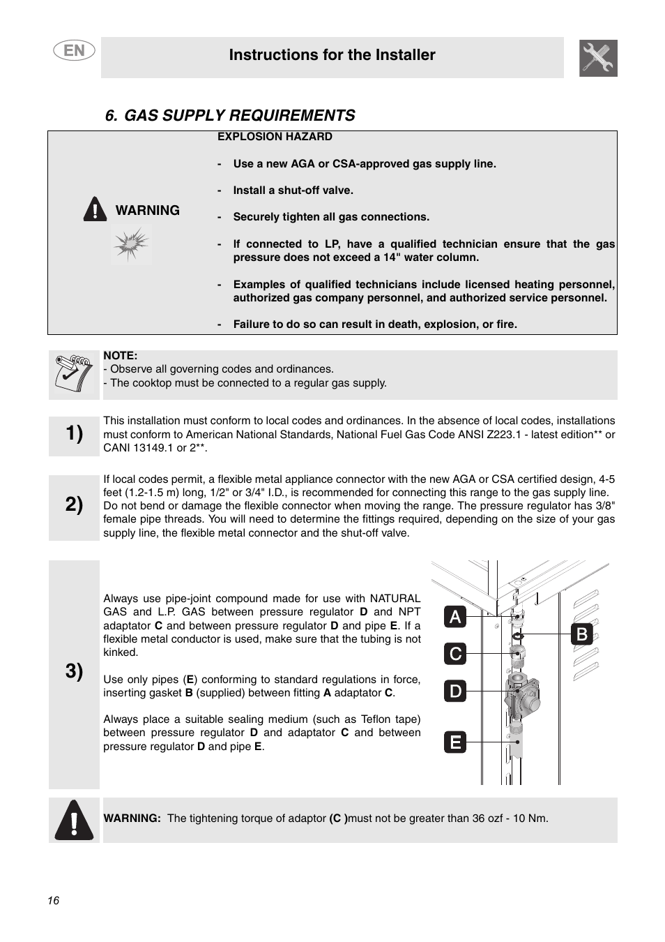 Gas supply requirements, Instructions for the installer | Smeg A1AU6 User Manual | Page 14 / 15