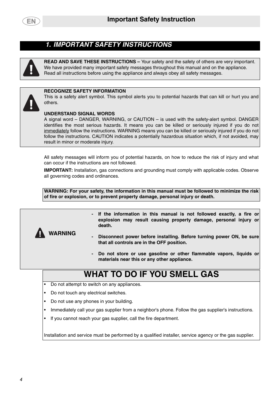 Important safety instructions, What to do if you smell gas, Important safety instruction | Smeg A1AU6 User Manual | Page 2 / 15