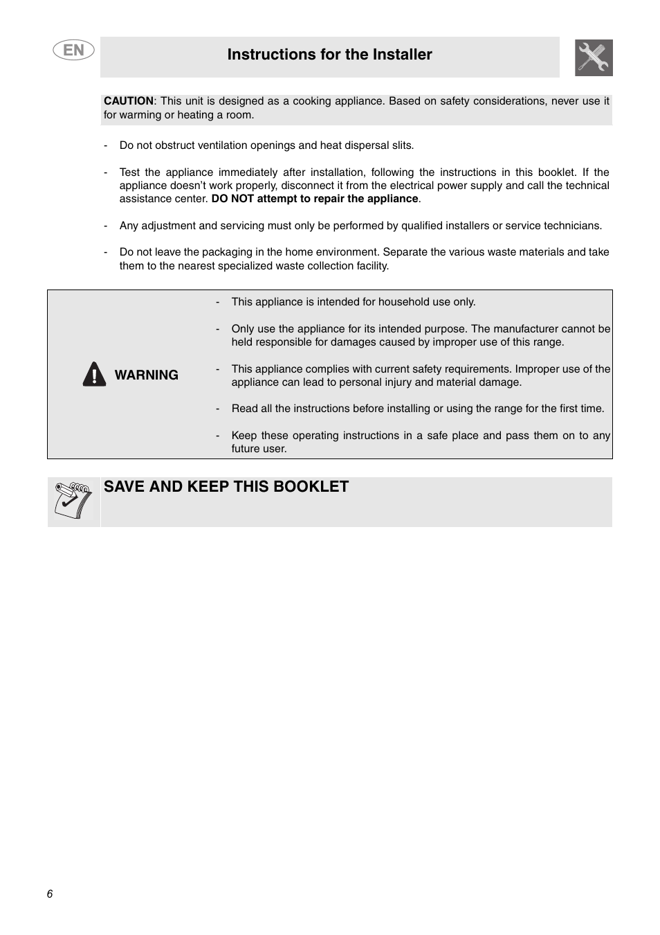 Instructions for the installer, Save and keep this booklet | Smeg A1AU6 User Manual | Page 4 / 15
