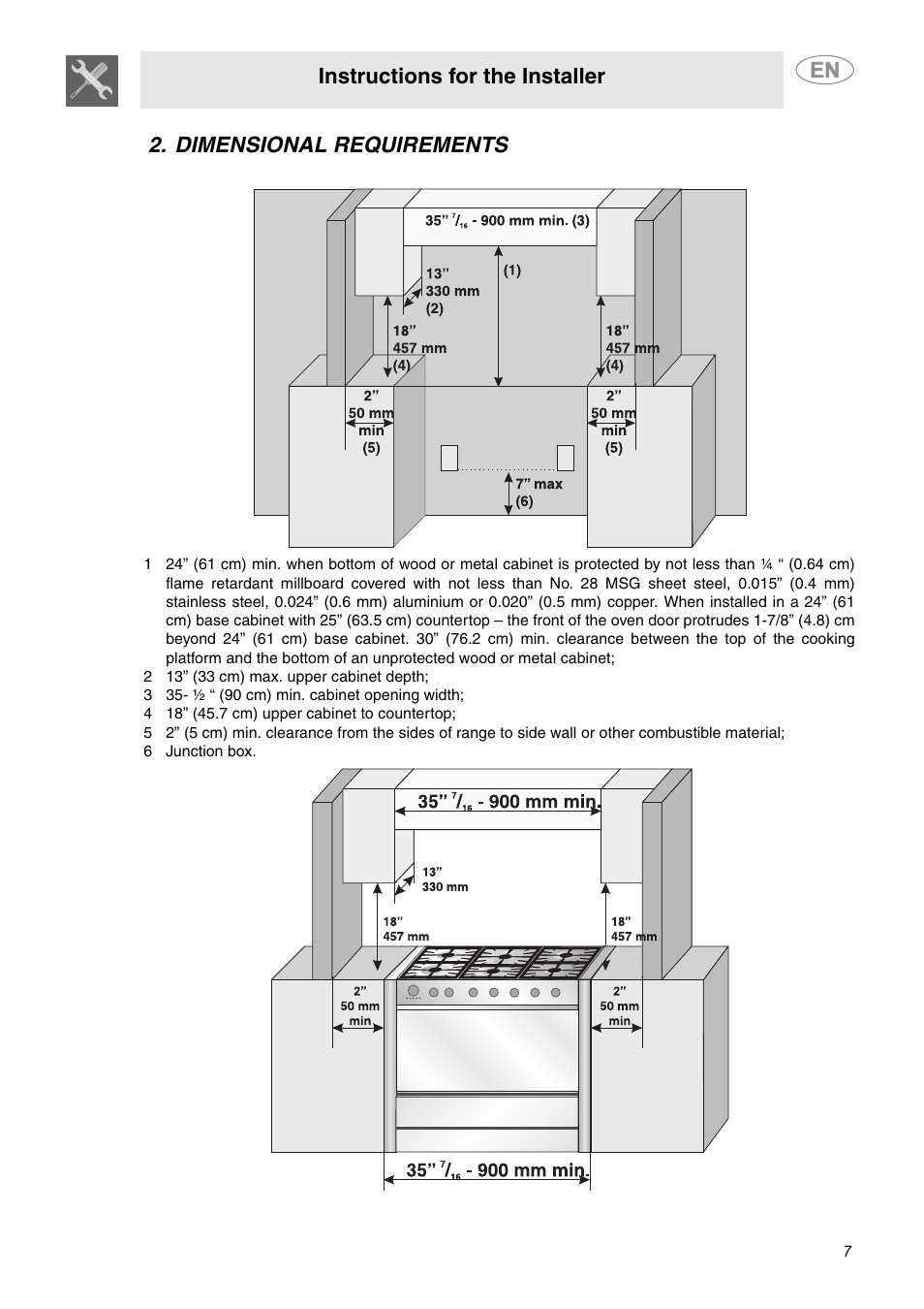 Dimensional requirements, 2 13” (33 cm) max. upper cabinet depth, 3 35- ½ “ (90 cm) min. cabinet opening width | 4 18” (45.7 cm) upper cabinet to countertop, 6 junction box, Instructions for the installer | Smeg A1AU6 User Manual | Page 5 / 15