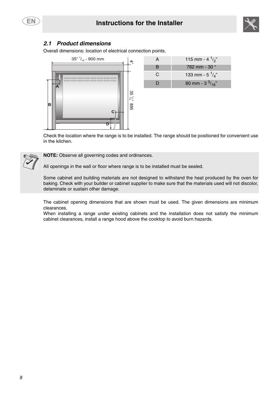 1 product dimensions, Instructions for the installer | Smeg A1AU6 User Manual | Page 6 / 15