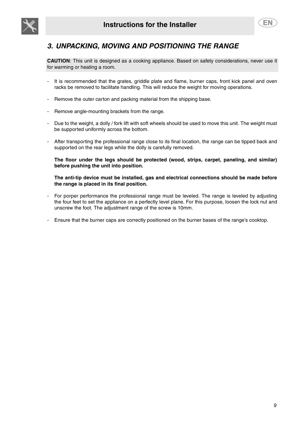 Unpacking, moving and positioning the range, Instructions for the installer | Smeg A1AU6 User Manual | Page 7 / 15