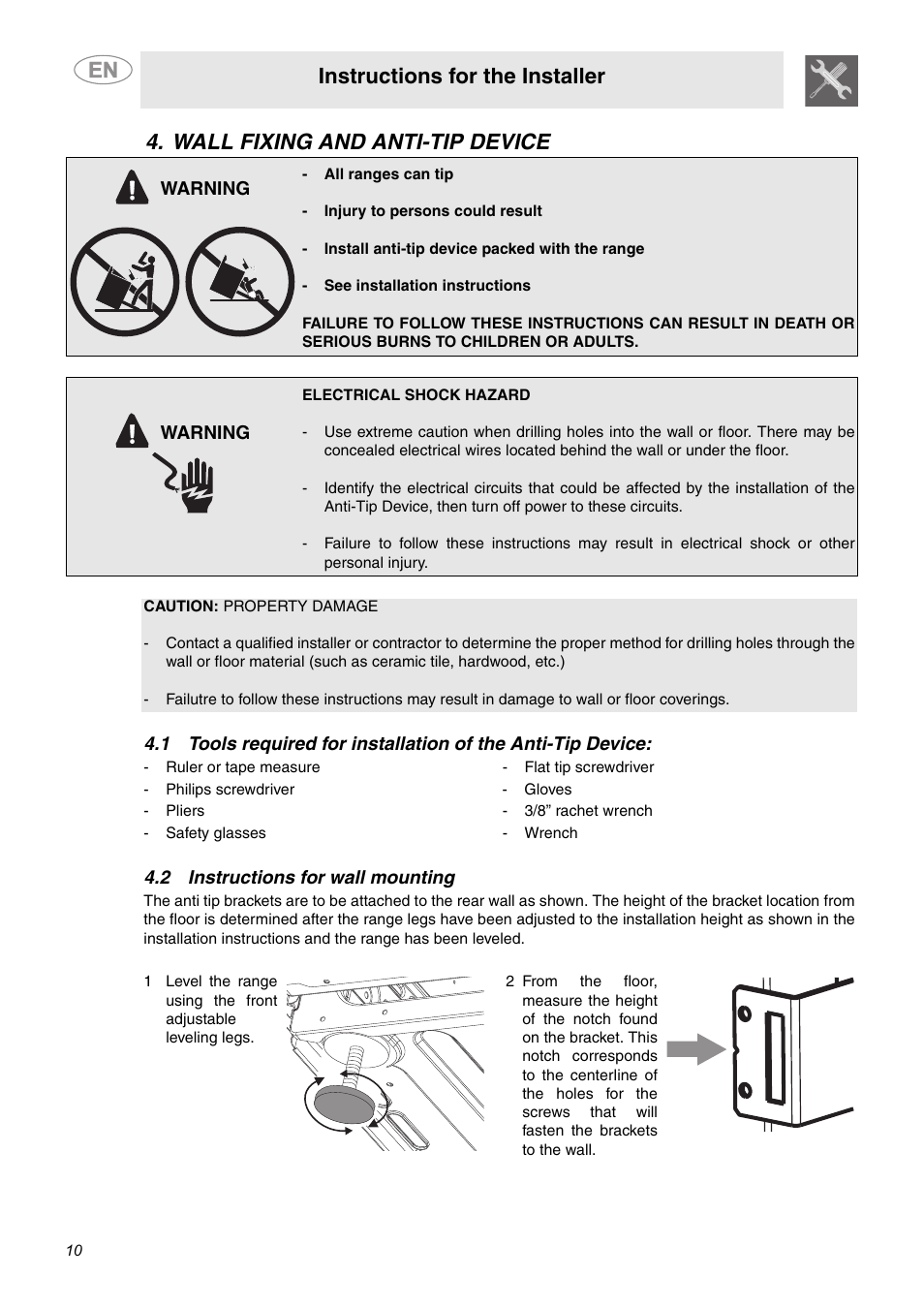 Wall fixing and anti-tip device, 2 instructions for wall mounting, Instructions for the installer | Smeg A1AU6 User Manual | Page 8 / 15