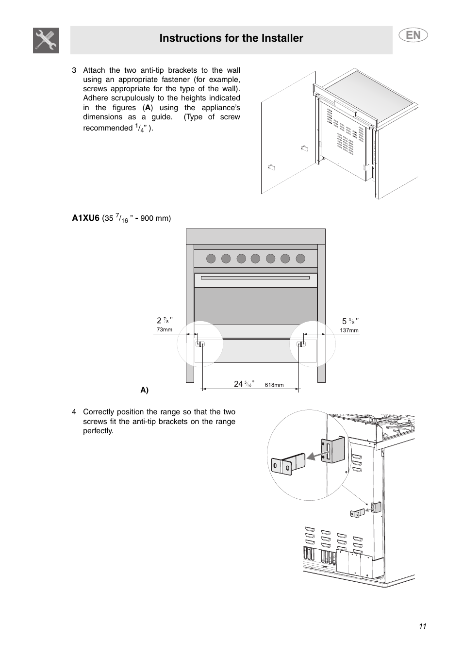 Instructions for the installer | Smeg A1AU6 User Manual | Page 9 / 15