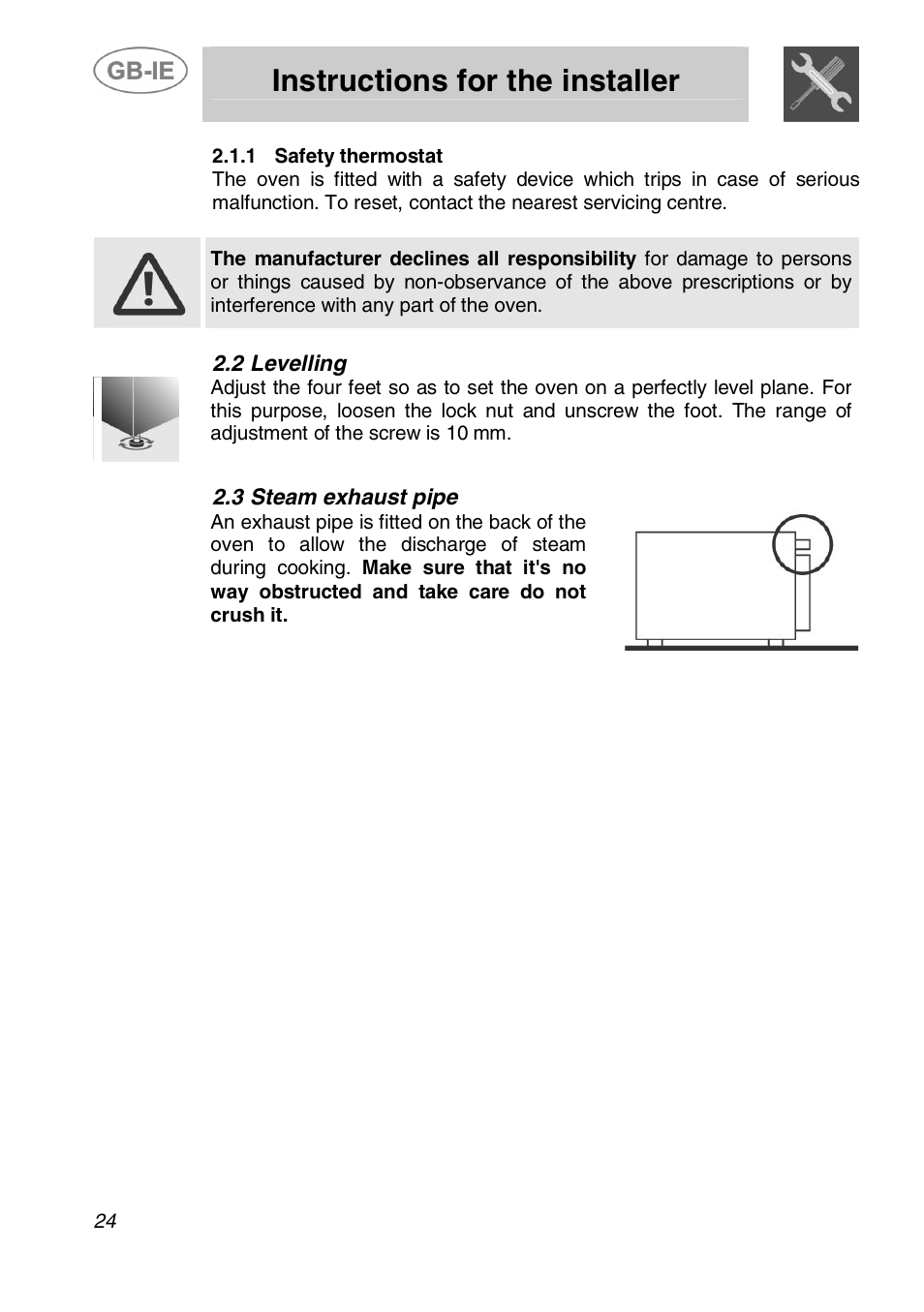 Instructions for the installer, 2 levelling, 3 steam exhaust pipe | Smeg ALFA135XB User Manual | Page 6 / 16