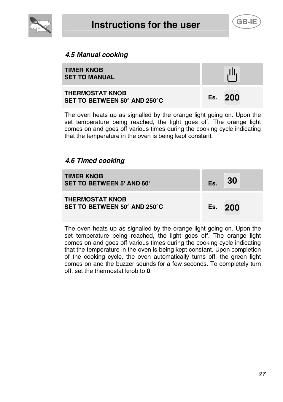 Instructions for the user, 5 manual cooking, 6 timed cooking | Timer knob set to manual, Timer knob set to between 5' and 60 | Smeg ALFA135XB User Manual | Page 9 / 16