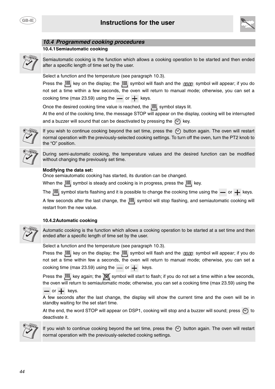 4 programmed cooking procedures, 1 semiautomatic cooking, 2 automatic cooking | Instructions for the user | Smeg CE92GPX User Manual | Page 11 / 31