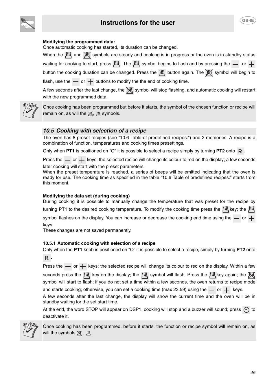 5 cooking with selection of a recipe, 1 automatic cooking with selection of a recipe, Instructions for the user | Smeg CE92GPX User Manual | Page 12 / 31