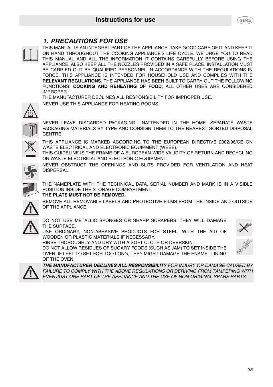 Precautions for use, Instructions for use | Smeg CE92GPX User Manual | Page 2 / 31