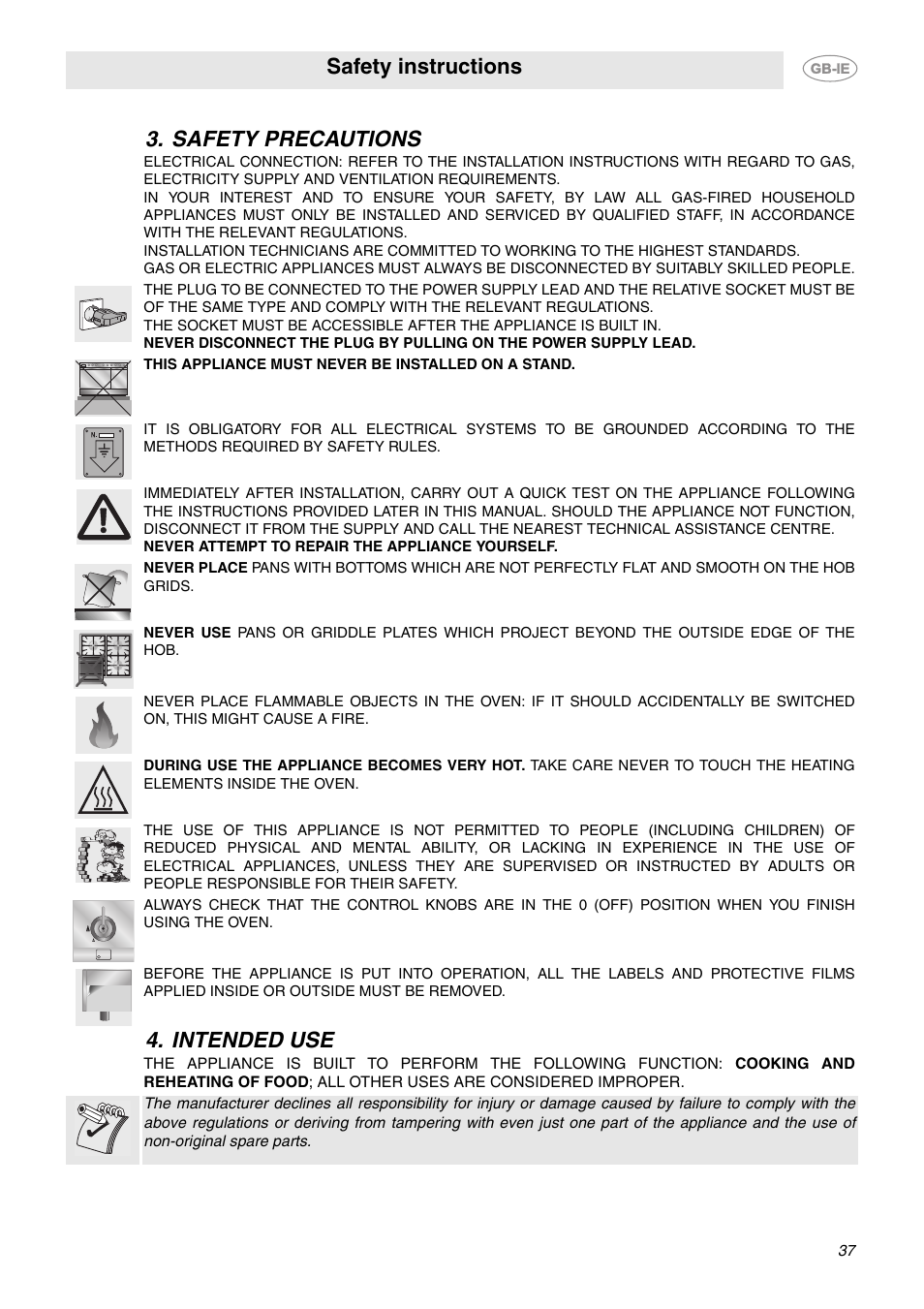 Safety precautions, Intended use, Safety instructions | Safety precautions 4. intended use | Smeg CE92GPX User Manual | Page 4 / 31