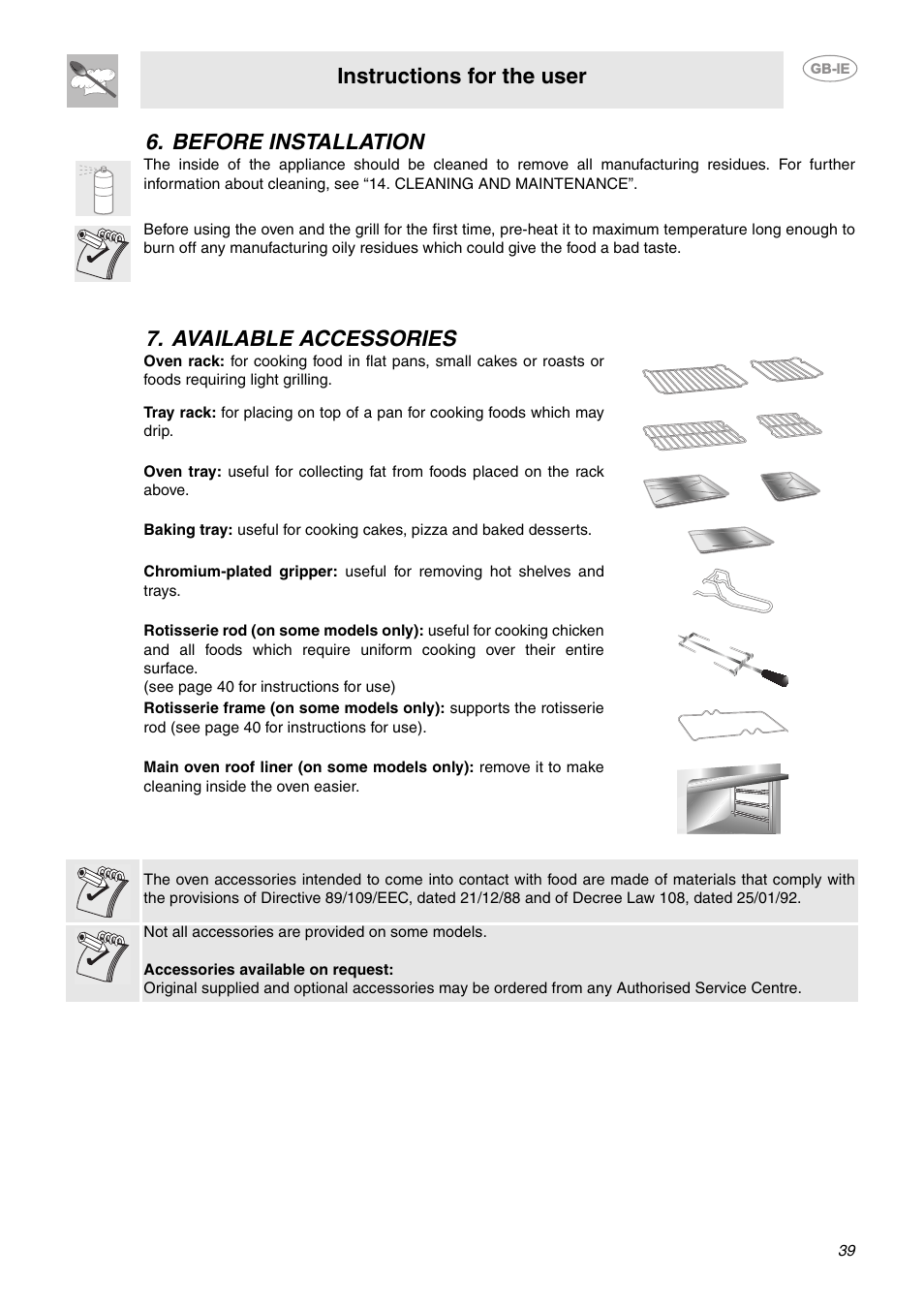Before installation, Available accessories, Instructions for the user | Before installation 7. available accessories | Smeg CE92GPX User Manual | Page 6 / 31