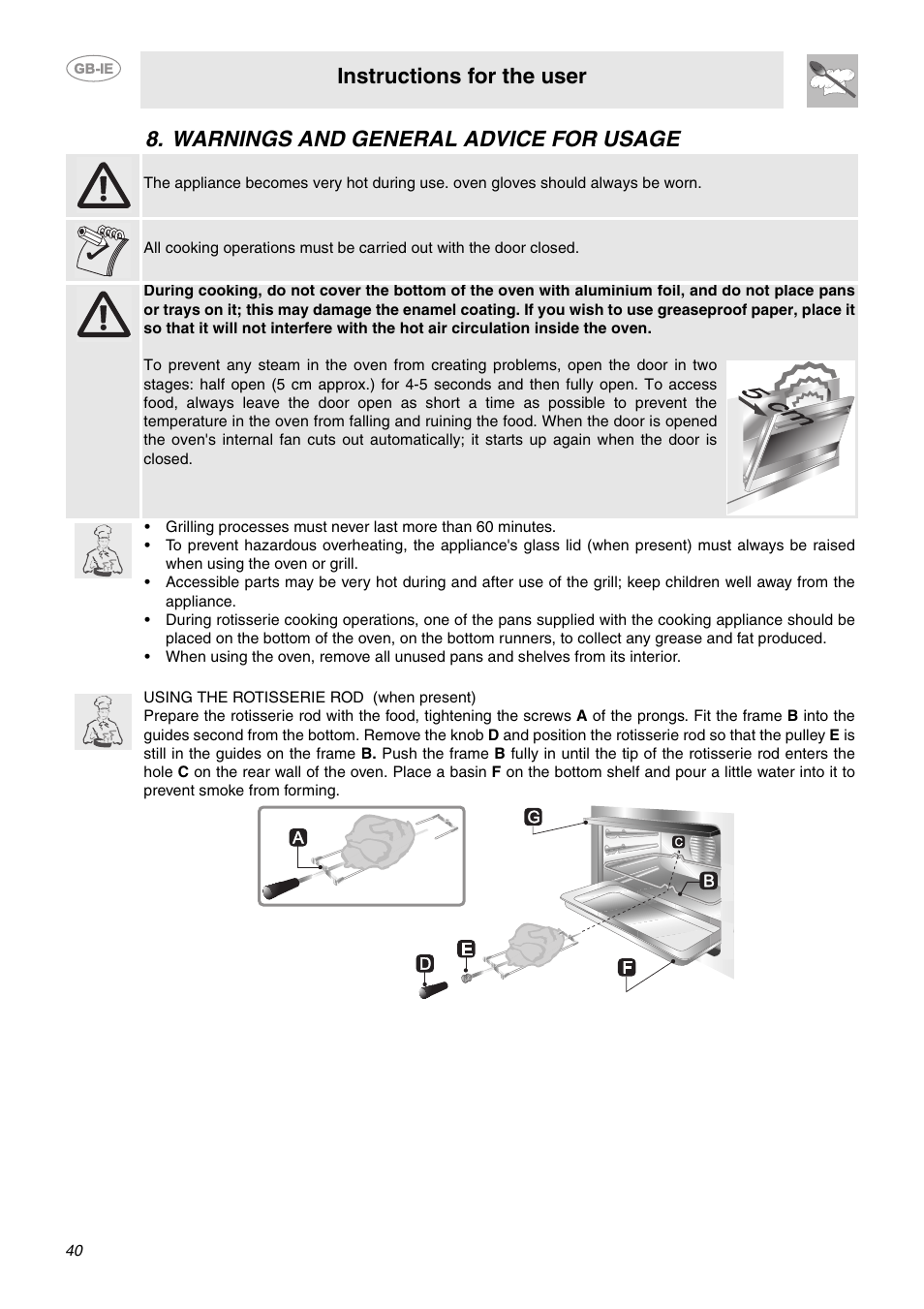 Warnings and general advice for usage, Instructions for the user | Smeg CE92GPX User Manual | Page 7 / 31