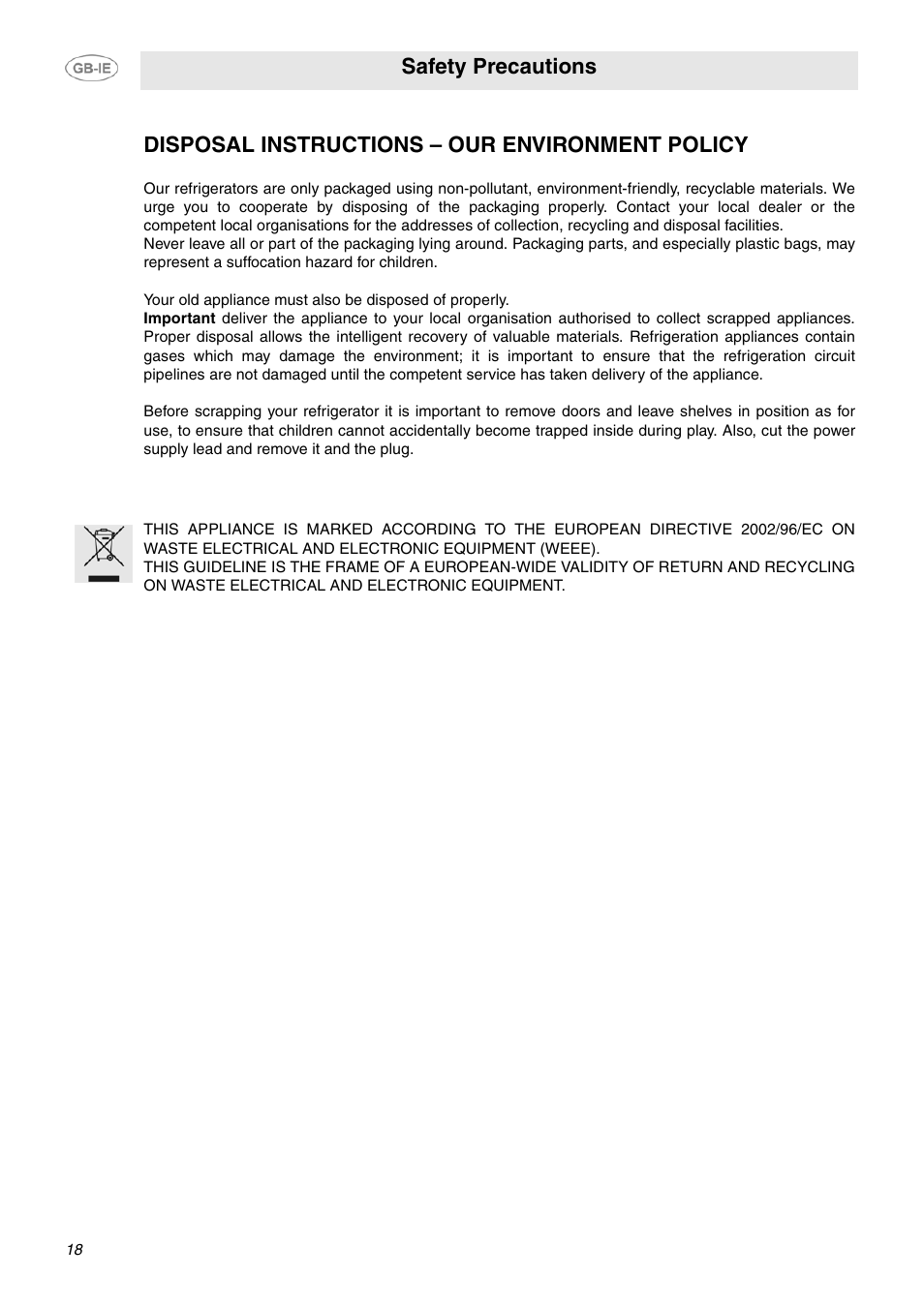 Safety precautions, Disposal instructions – our environment policy | Smeg FPL33WD User Manual | Page 2 / 14