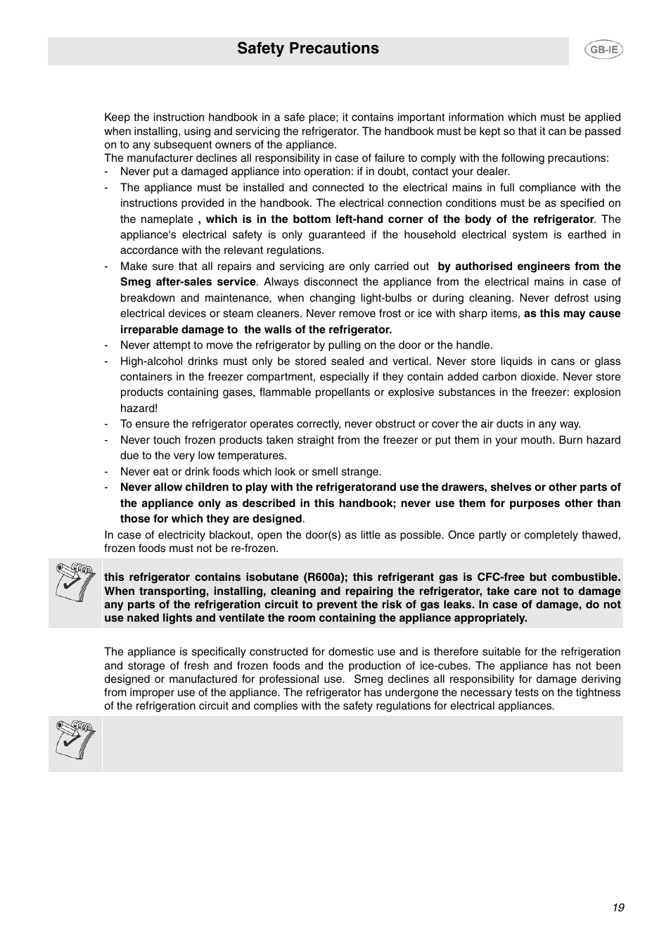 Safety precautions, Intended use of the refrigerator | Smeg FPL33WD User Manual | Page 3 / 14