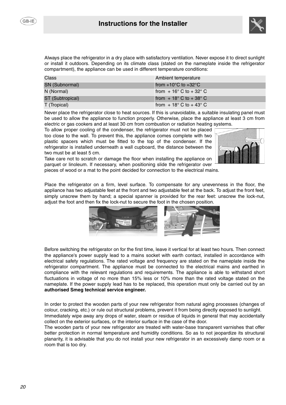 Installation and connection, 1 choosing the site, 2 positioning and levelling the appliance | 3 electrical connection, Instructions for the installer | Smeg FPL33WD User Manual | Page 4 / 14