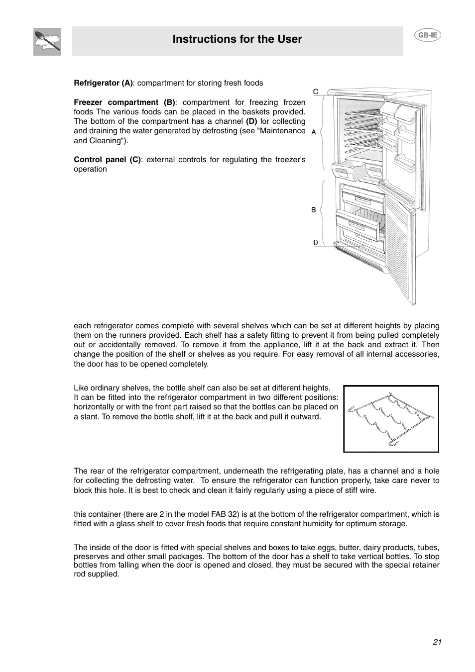 Product description, 1 shelves, 2 bottle shelf | 3 refrigerator compartment defrosting water drain, 4 fruit and vegetable box, 5 door shelves and containers, Instructions for the user | Smeg FPL33WD User Manual | Page 5 / 14