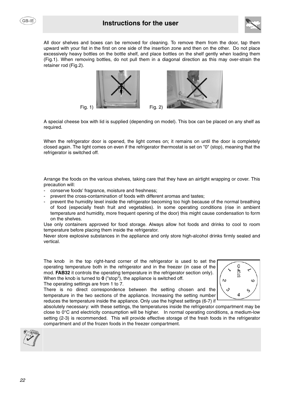 6 cheese box, 7 inside lighting, Setting and selecting the operating temperature | Instructions for the user | Smeg FPL33WD User Manual | Page 6 / 14