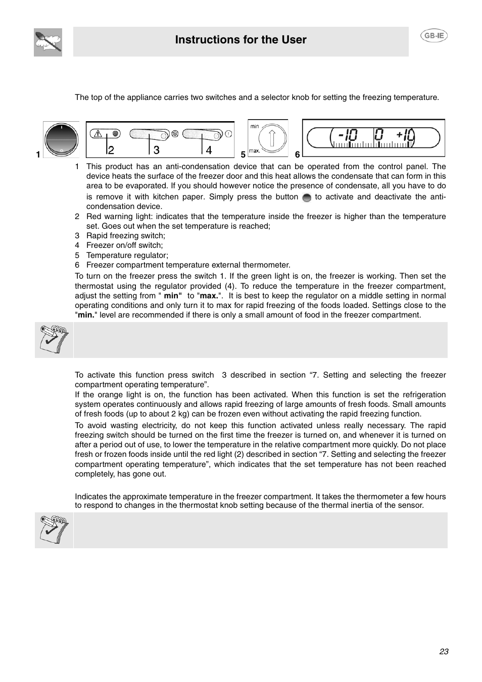 1 control panel, 3 rapid freezing switch, 4 freezer on/off switch | 5 temperature regulator, 2 rapid freezing, Ture, Instructions for the user | Smeg FPL33WD User Manual | Page 7 / 14