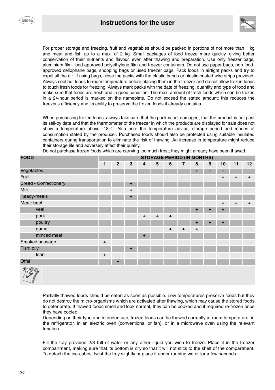 Freezing foods, 1 storing frozen foods, 2 thawing frozen foods | 3 making ice-cubes, Instructions for the user | Smeg FPL33WD User Manual | Page 8 / 14