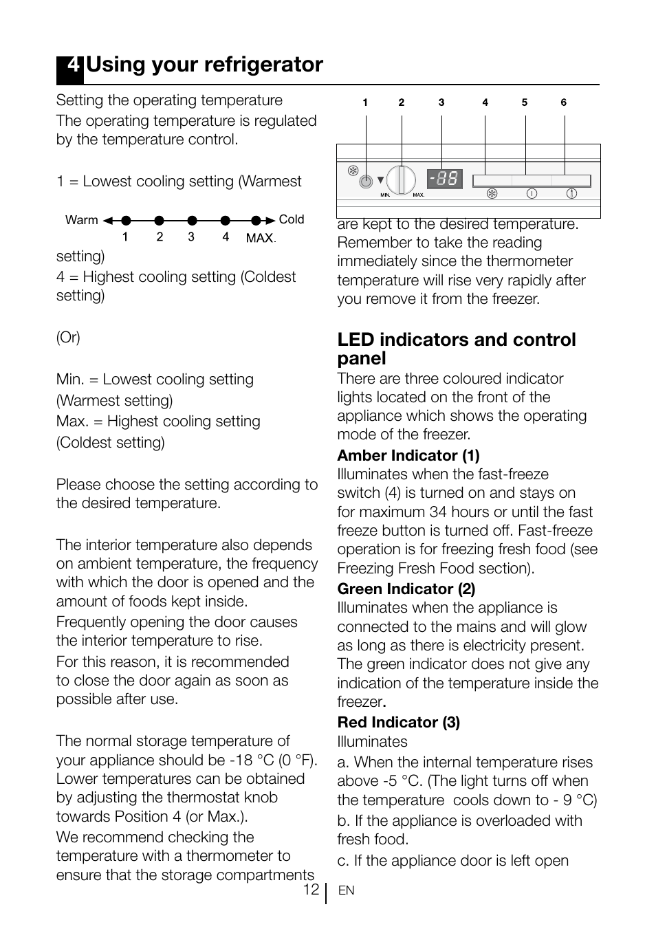 4using your refrigerator, Led indicators and control panel | Smeg CV260PNF User Manual | Page 12 / 19