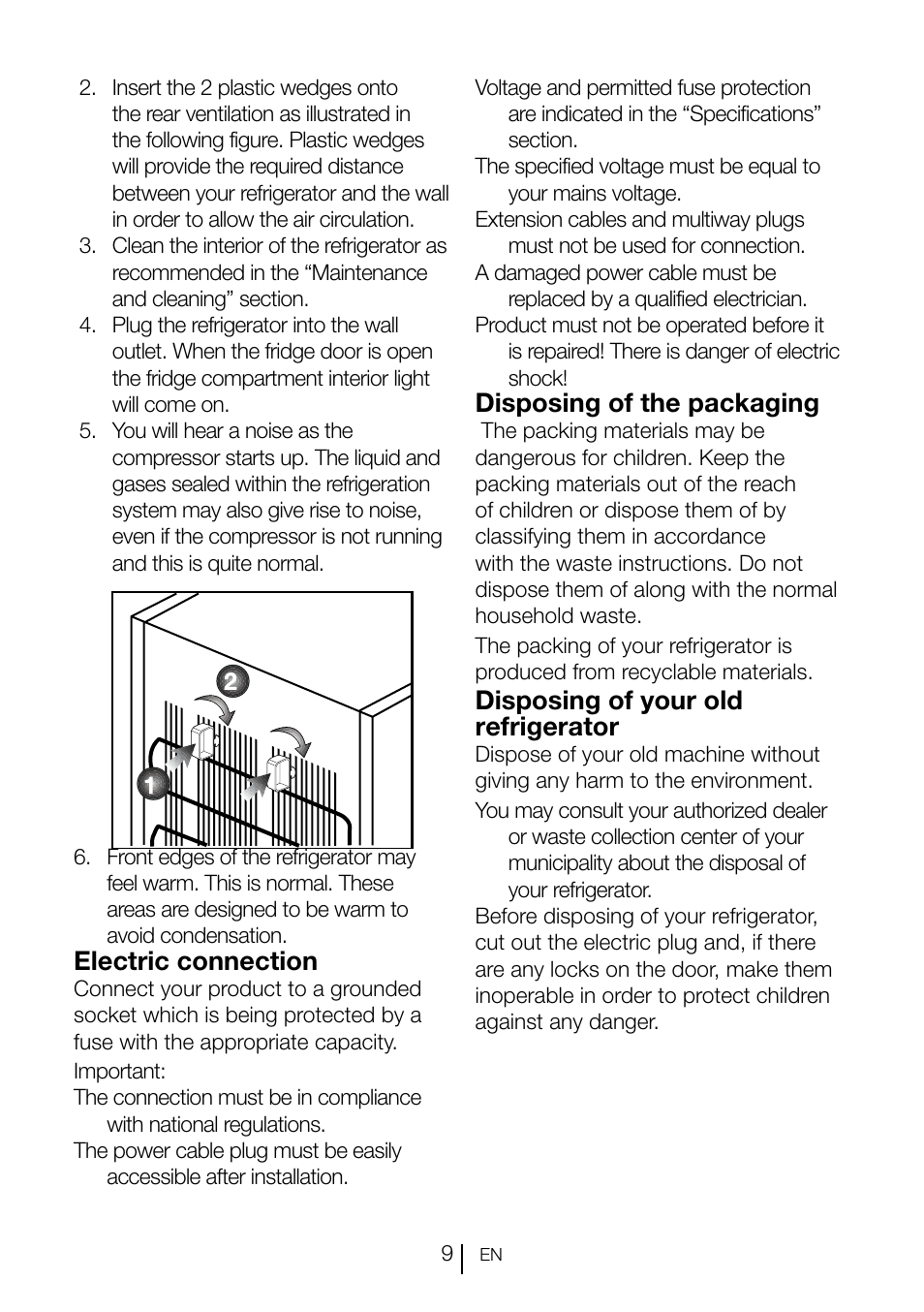 Disposing of the packaging, Disposing of your old refrigerator, Electric connection | Smeg CV260PNF User Manual | Page 9 / 19