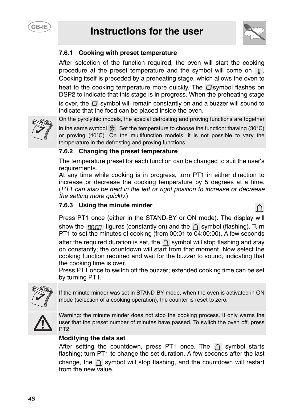 1 cooking with preset temperature, 2 changing the preset temperature, 3 using the minute minder | Instructions for the user | Smeg SCP111NE2 User Manual | Page 11 / 34