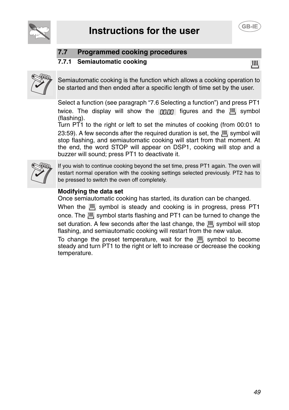 7 programmed cooking procedures, 1 semiautomatic cooking, Instructions for the user | Smeg SCP111NE2 User Manual | Page 12 / 34