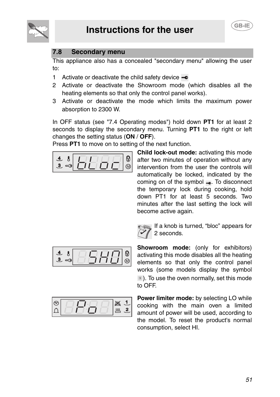 8 secondary menu, 1 activate or deactivate the child safety device, Instructions for the user | Smeg SCP111NE2 User Manual | Page 14 / 34