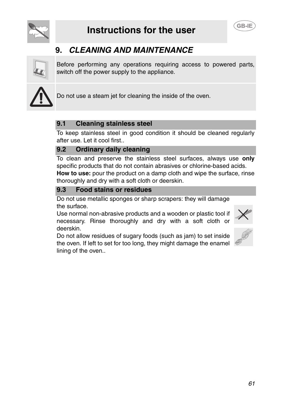 Cleaning and maintenance, 1 cleaning stainless steel, 2 ordinary daily cleaning | 3 food stains or residues, Instructions for the user | Smeg SCP111NE2 User Manual | Page 24 / 34