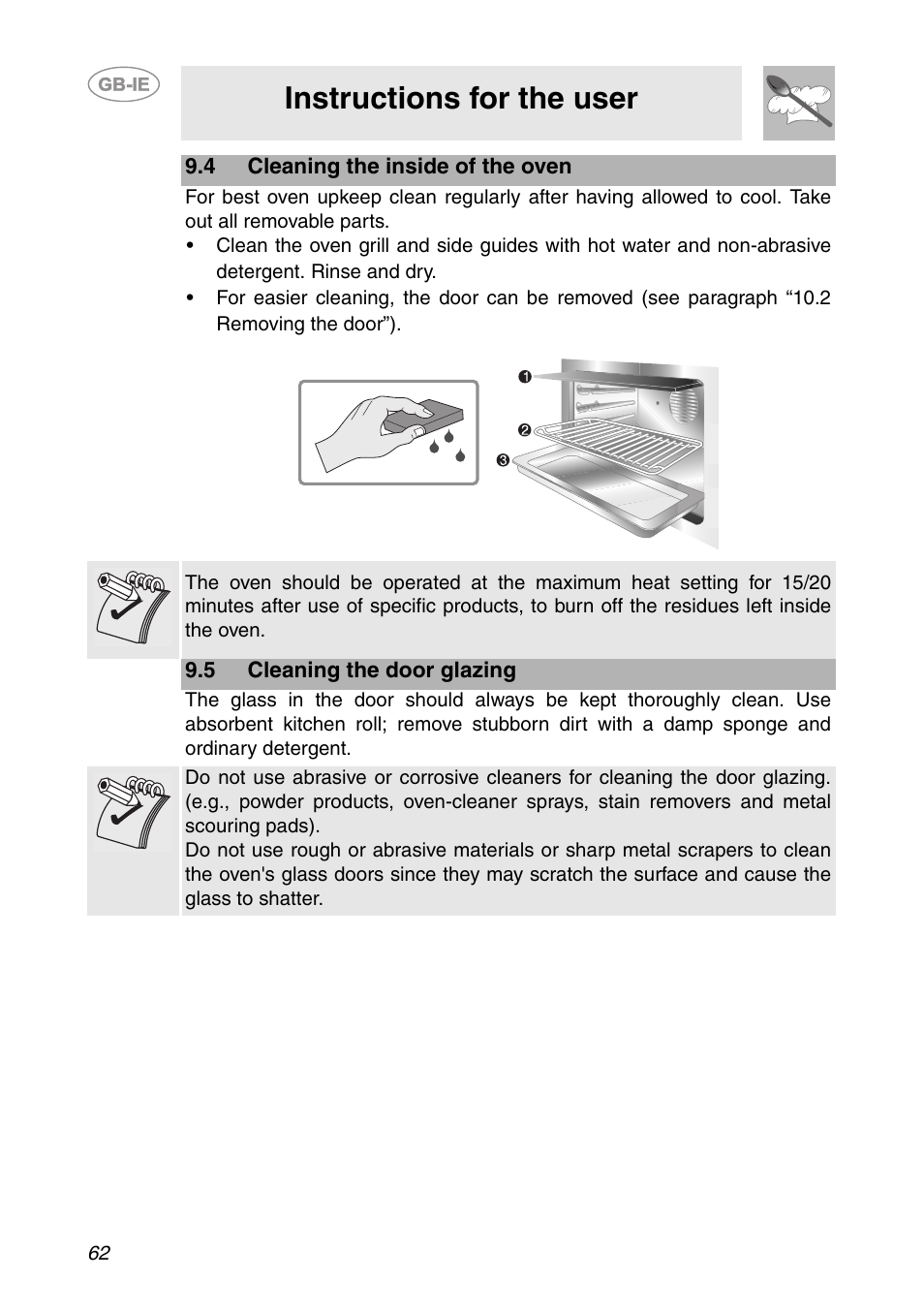 4 cleaning the inside of the oven, 5 cleaning the door glazing, Instructions for the user | Smeg SCP111NE2 User Manual | Page 25 / 34