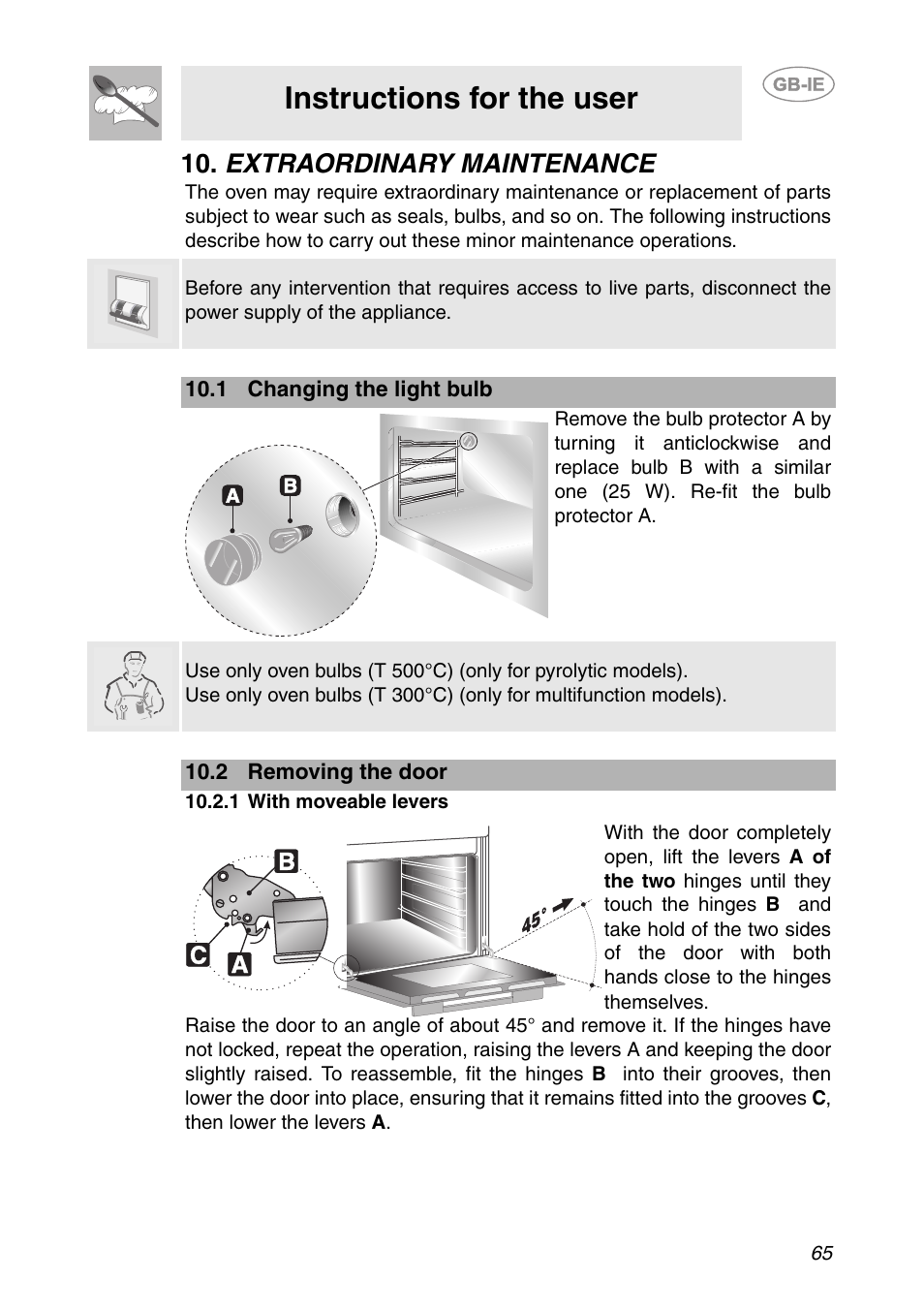Extraordinary maintenance, 1 changing the light bulb, 2 removing the door | 1 with moveable levers, Instructions for the user | Smeg SCP111NE2 User Manual | Page 28 / 34