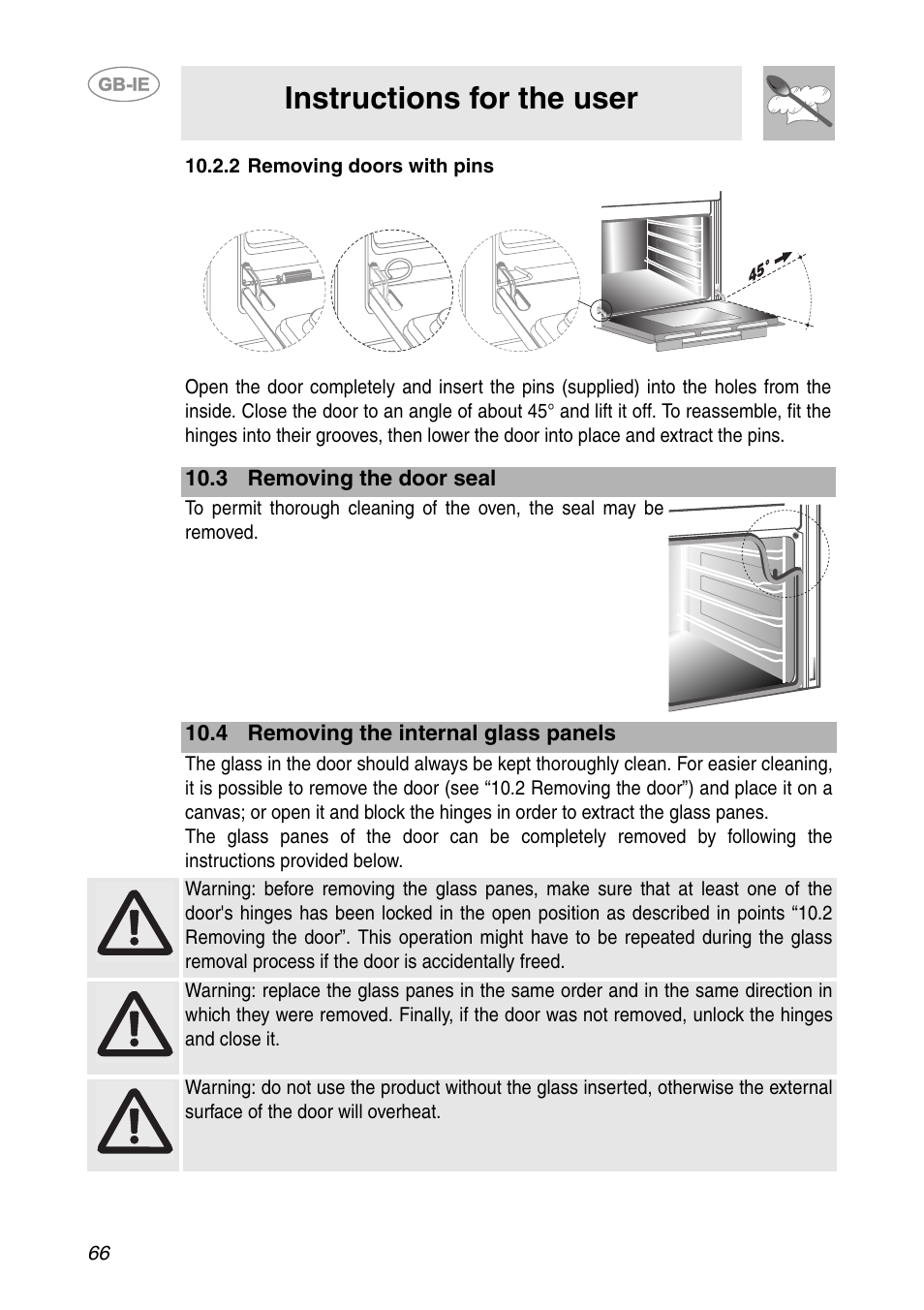 2 removing doors with pins, 3 removing the door seal, 4 removing the internal glass panels | Instructions for the user | Smeg SCP111NE2 User Manual | Page 29 / 34