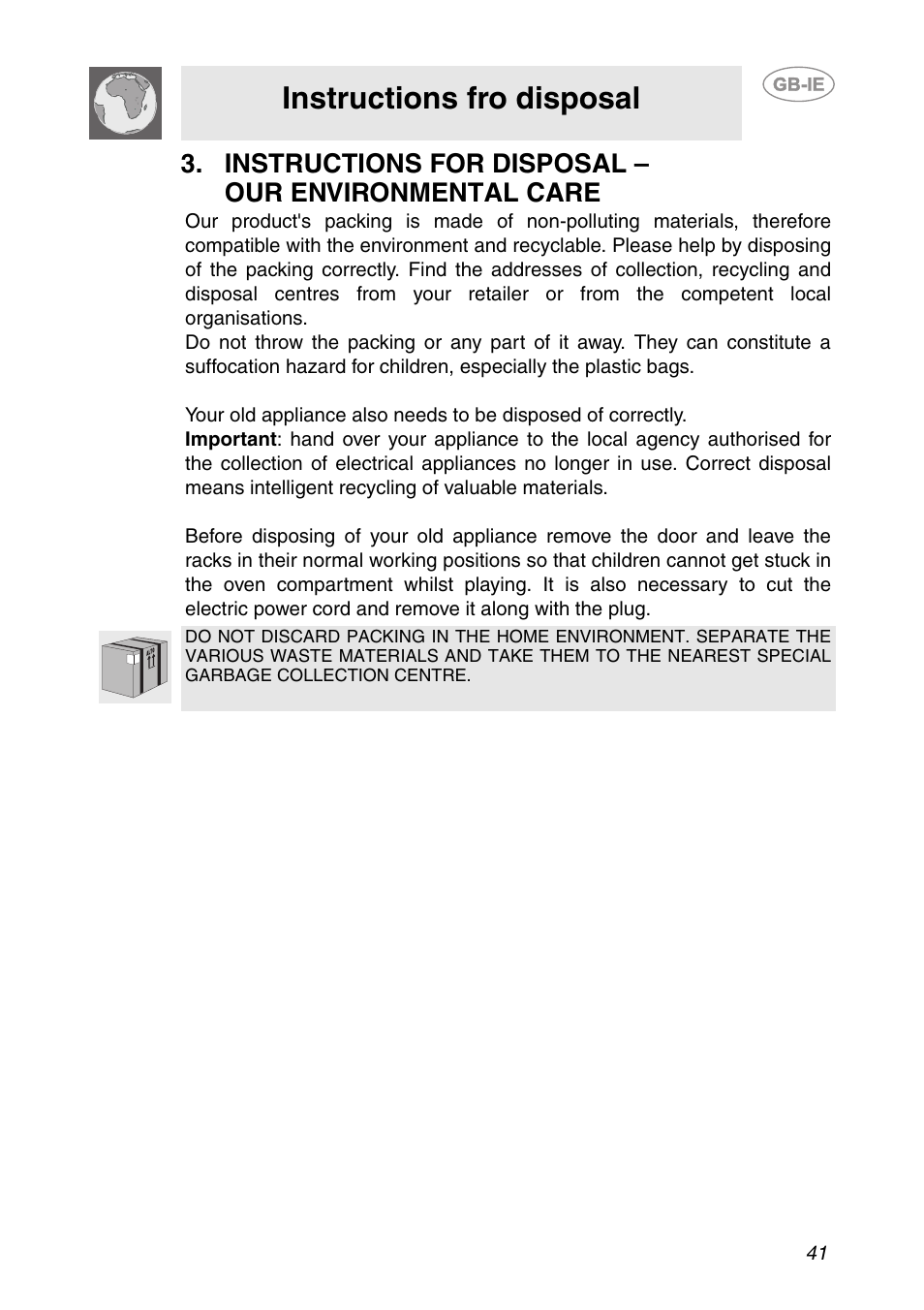 Instructions for disposal - our environmental care, Instructions fro disposal, Instructions for disposal – our environmental care | Smeg SCP111NE2 User Manual | Page 4 / 34