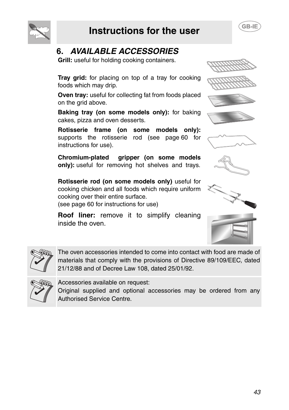 Available accessories, Instructions for the user | Smeg SCP111NE2 User Manual | Page 6 / 34