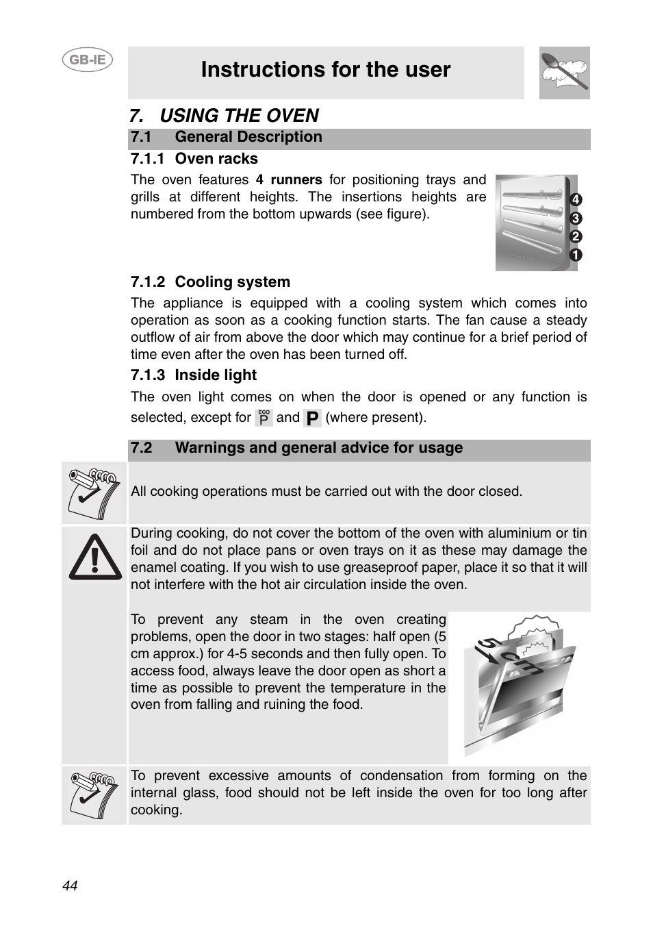 Using the oven, 1 general description, 1 oven racks | 2 cooling system, 3 inside light, 2 warnings and general advice for usage, Instructions for the user | Smeg SCP111NE2 User Manual | Page 7 / 34