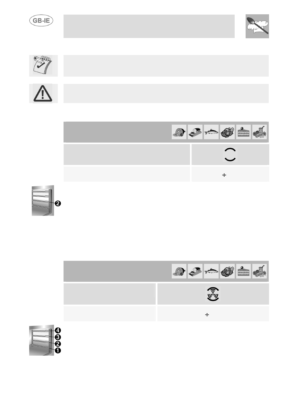 Cooking hints, Traditional cooking (multifunction models), Hot-air cooking (multifunction models) | Instructions for the user, 1 traditional cooking (multifunction models), 2 hot-air cooking (multifunction models), Function switch, Thermostat switch | Smeg SDK380X-5 User Manual | Page 19 / 27