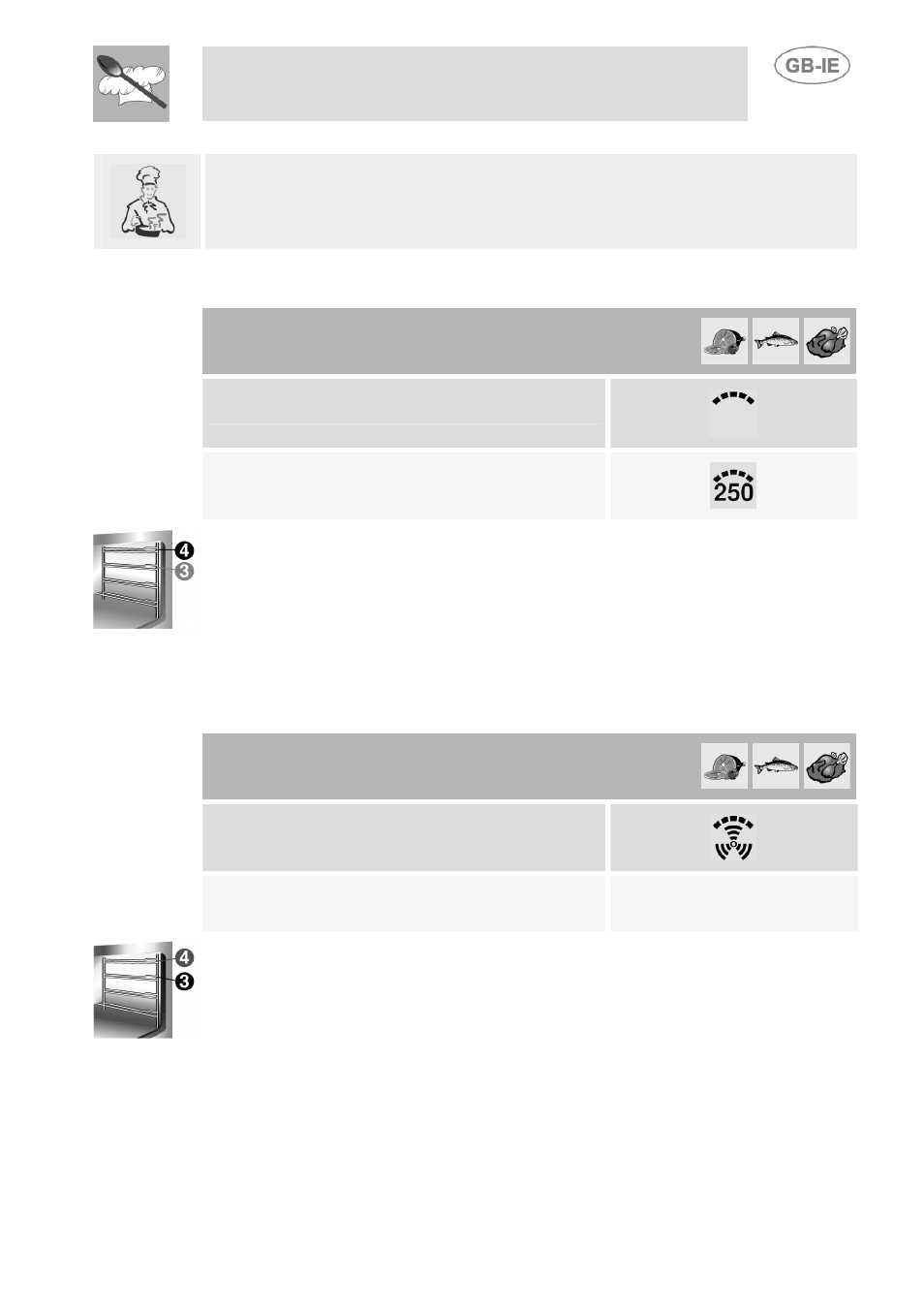Grill cooking, Hot-air grilling, Instructions for the user | 3 grill cooking, 4 hot-air grilling, Function switch, Thermostat switch | Smeg SDK380X-5 User Manual | Page 20 / 27